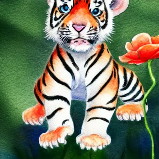 Image similar to low angle watercolor drawing on white paper, a curious baby tiger with big eyes smelling a red flower, curly tail, cute, watercolor, kawaii, wide angle shot, full shot, illustration, white background, very detailed, soft edges, soft colors