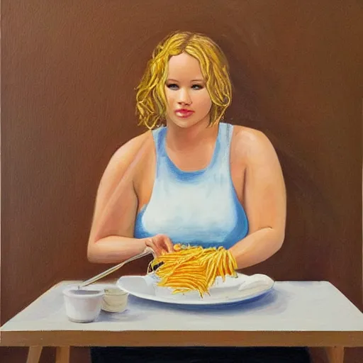 Image similar to fat jennifer lawrence eating spaghetti, painting,