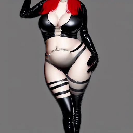 Prompt: portrait of a curvy pale goth woman with a modest elaborate elegant red-silver-black multilayered latex striped tight high-neck outfit, cgsociety, photorealistic, sublime-cool-badass-hyperadvanced, 16k, smooth, sharp focus, trending on ArtStation, volumetric lighting