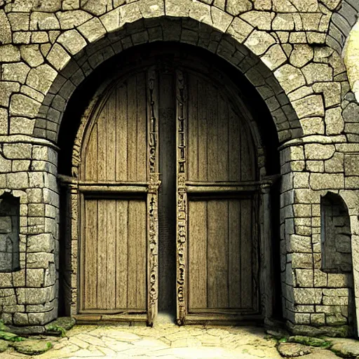 Image similar to beautiful matte painting of the grand ancient stone door, fantasy, sharp focus