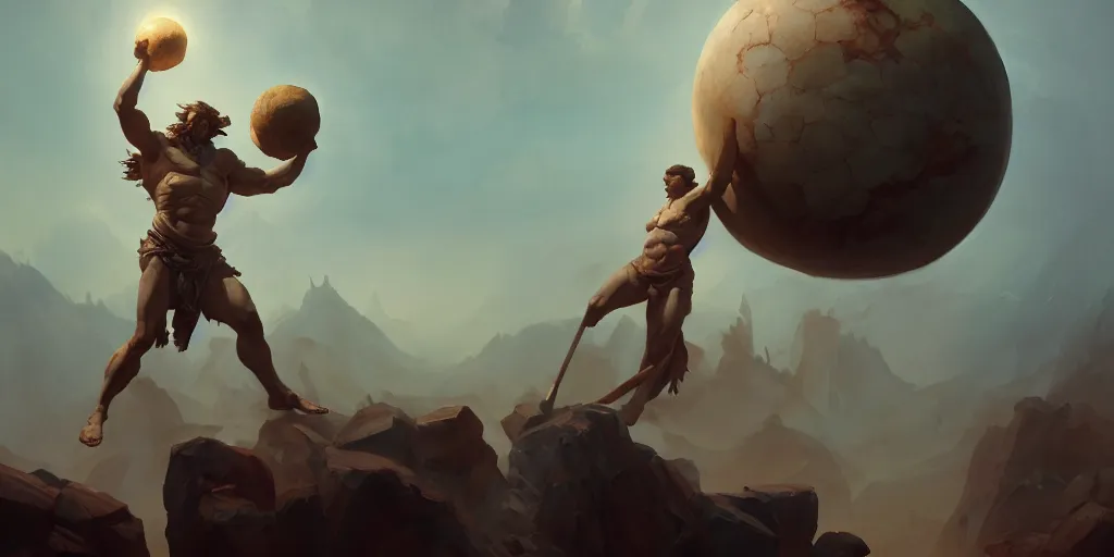 Image similar to atlas carrying the earth on his shoulders, greek mythology, extremely detailed digital painting, in the style of fenghua zhong and ruan jia and jeremy lipking and peter mohrbacher, mystical colors, rim light, beautiful lighting, 4 k, stunning scene, raytracing, octane, trending on artstation