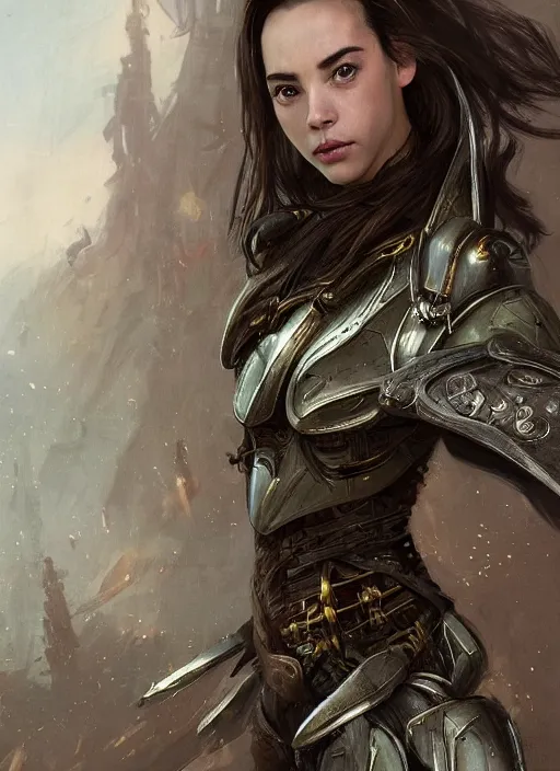 Image similar to a professional portrait of a beautiful young female, clothed in ethereal battle armor, olive skin, long dark hair, beautiful bone structure, symmetrical facial features, intricate, elegant, digital painting, concept art, smooth, sharp focus, finely detailed, illustration, from Valerian and the City of a Thousand Planets, in the style of Ruan Jia and Mandy Jurgens and Artgerm and Greg Rutkowski and William-Adolphe Bouguerea