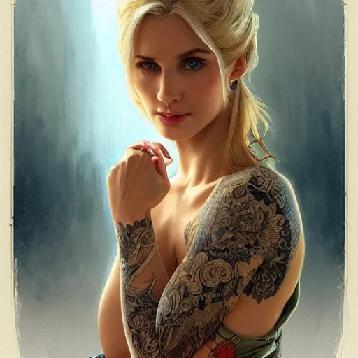 Image similar to ultra realistic illustration, a hot and beautiful tattooed blonde slavic woman in her 3 0's, intricate, elegant, highly detailed, digital painting, artstation, concept art, smooth, sharp focus, illustration, art by artgerm and greg rutkowski and alphonse mucha