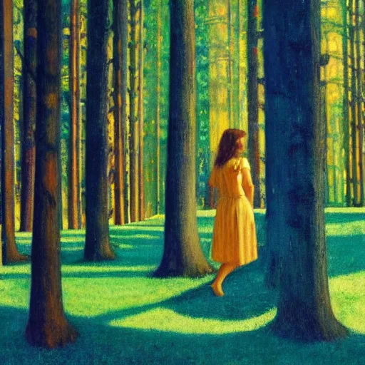 Prompt: a young girl lost in a blue golden forest, film still by edward hopper, by Bosch, by klimt, art noveau, highly detailed, strong lights, liminal, eerie, Bright pastel colors