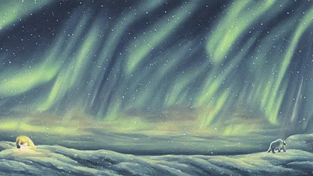 Image similar to an oil painting of a close - up polar bear traversing a snowy landscape at night, the northern lights and the moon are visible