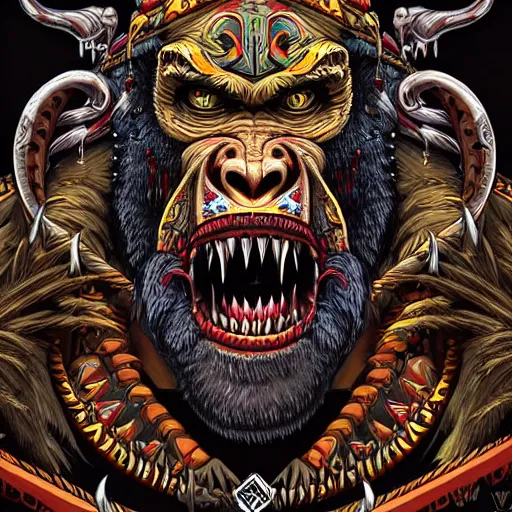 Prompt: close - up view of barong family member, wiwek, bleeding fangs, viking beard, mara demon, one single tribe member, jungle, gorilla, tribals, art by dan mumford and justin gerard