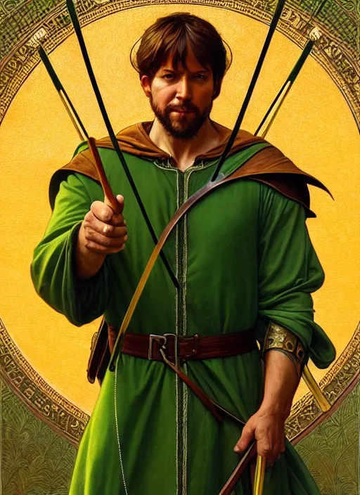 Prompt: symmetry!! portrait of robin hood as a saint in a green medieval suit with a bow and arrows, golden hour, intricate, elegant, highly detailed, digital painting, artstation, concept art, smooth, sharp focus, illustration, art by artgerm and greg rutkowski and alphonse mucha