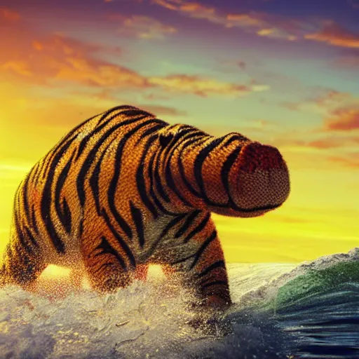 Image similar to a closeup photorealistic photograph of a cute smiling knitted tiger hippopotamus riding a large wave at sunset. surf in the background. professional capture. brightly lit scene. this 4 k hd image is trending on artstation, featured on behance, well - rendered, extra crisp, features intricate detail, epic composition and the style of unreal engine.