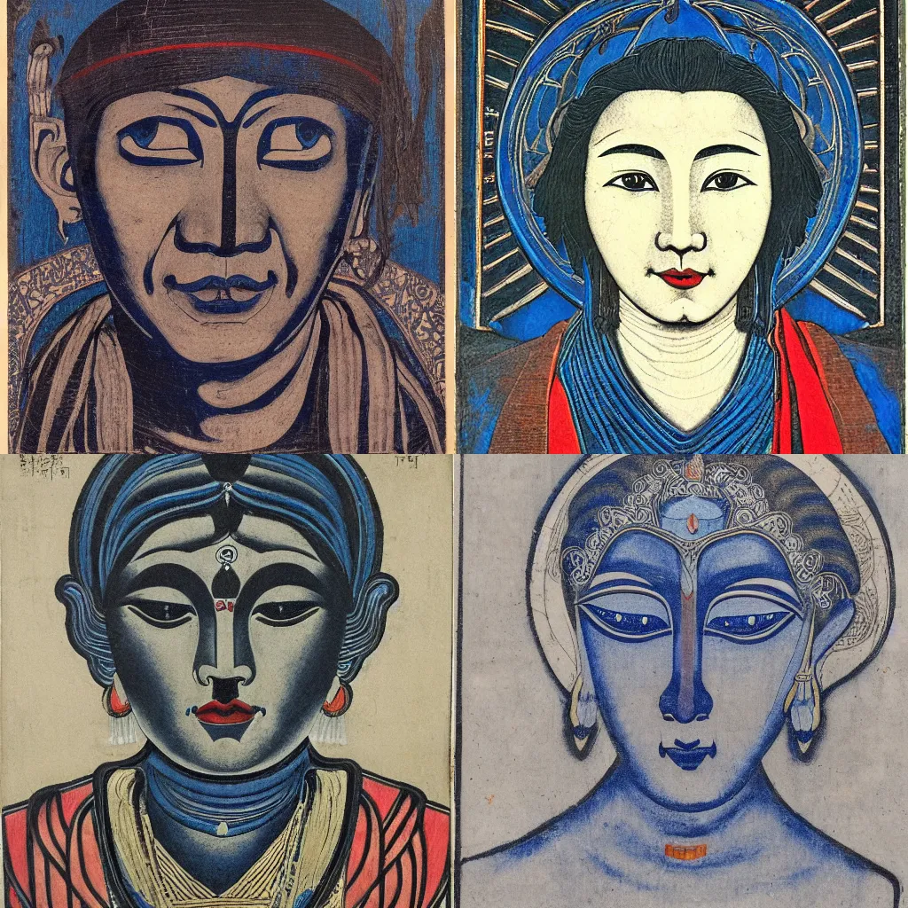 Prompt: portrait, tibetan realism, woodcut, art nouveau ( 1 9 2 2 ), pyrrol scarlet, titanium white, phthalo blue, stathmore 4 0 0, 3 5 mm, f 3 2, grisaille, luminous