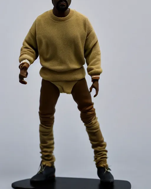 Image similar to 1970s action figure of Kanye West, product photography, plastic toy, white background, isolated background, studio lighting