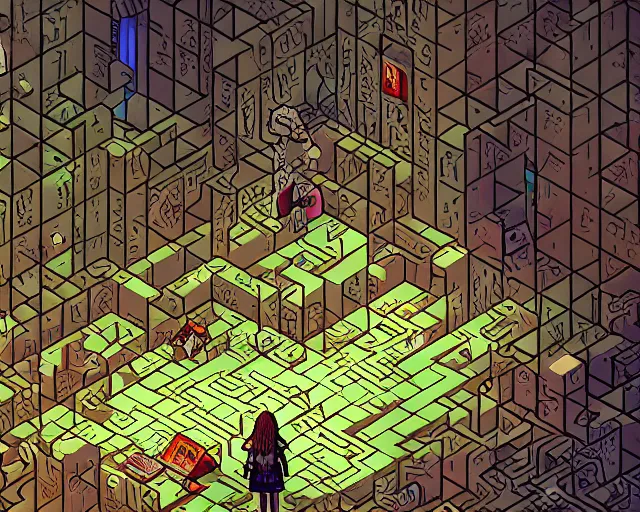 Image similar to interior of an underground maze within a large cyberpunk complex, girl waking up in bed in middle of room. pixelart, brutalism, volumetric lighting, 8 k, art by dan mumford, greg rutowski, johan grenier, wayne barlowe