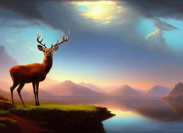 Prompt: a red deer by a lake on an alien planet, digital art, soft colors, detailed, artstation, clouds, blue, deviant art, by frederic edwin church, by tyler edlin