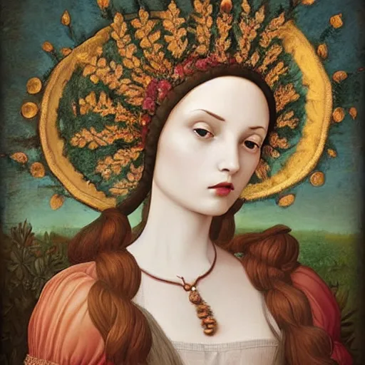 Prompt: portrait of young woman in renaissance dress and a surreal renaissance headdress, very surreal garden art by christian schloe and botticelli, naotto hattori, amy sol - n 6