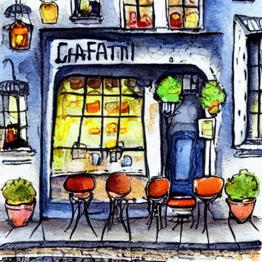 Prompt: beautiful cute cozy very little cafe on a cobblestone street, cute cartoon, watercolor, 4 colors