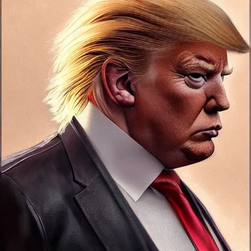 Prompt: portrait of donald trump, soft hair, muscular, half body, leather, hairy, d & d, fantasy, intricate, elegant, highly detailed, digital painting, artstation, concept art, smooth, sharp focus, illustration, art by artgerm and greg rutkowski and alphonse mucha