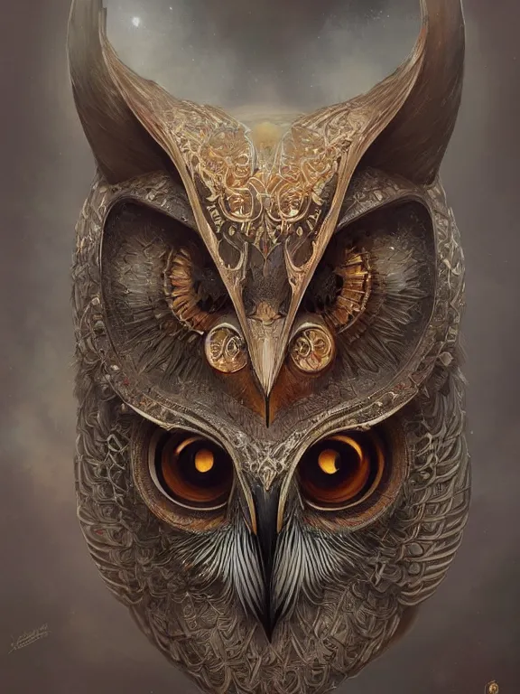 Image similar to a ultradetailed beautiful concept art of a an intricate wooden mask of an owl painted with beautiful colors, but the mask seems to hide some dark secret, concept art, high resolution 4 k, by tom bagshaw, greg rutkowski, charli bowater and artgeem