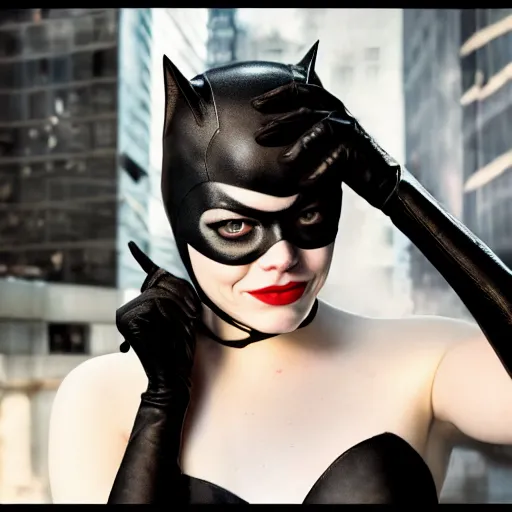 Prompt: Emma Stone as Catwoman, promo material, XF IQ4, 150MP, 50mm, F1.4, ISO 200, 1/160s, natural light, photoshopped, lightroom, photolab, Affinity Photo, PhotoDirector 365