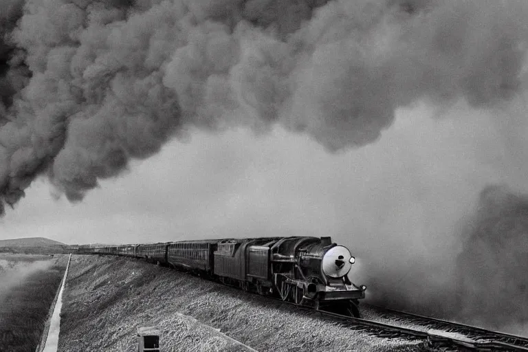 Prompt: black and white photograph of the lner a 4 mallard thundering down the rails at high speed, black smoke wooshing from the locomotive, cinematic, volumetric light, f 6 aperture, cinematic eastman 5 3 8 4 film