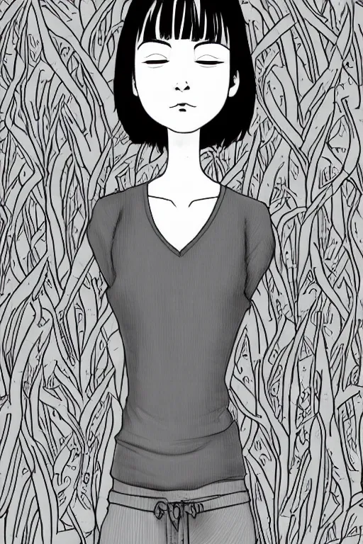 Image similar to portrait of a girl in long pants and a top, hands in pockets, eyes closed, bob haircut, digital art, black and white, illustration by junji ito