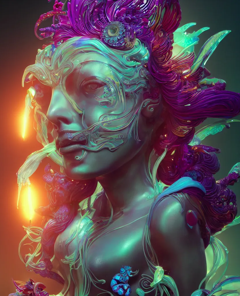 Image similar to goddess full color painted acryllic sculpture close-up portrait. orchid bird phoenix head, nautilus, skull, betta fish, bioluminiscent creatures, intricate artwork by Tooth Wu and wlop and beeple. octane render, trending on artstation, greg rutkowski very coherent symmetrical artwork. cinematic, hyper realism, high detail, octane render, 8k