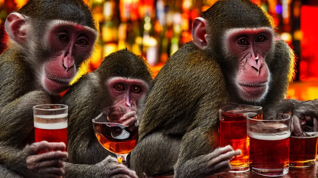 monkeys drinking alcohol, inside a bar, vibrant Stable Diffusion