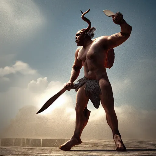 Prompt: a minotaur warrior is holding an axe, fantasy, illustration, concept art, natural light, cinema 4d render