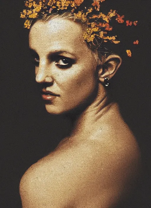 Prompt: Britney spears face in profile, made of dried flowers, in the style of Rembrandt and Gregory Crewdson, dark and moody