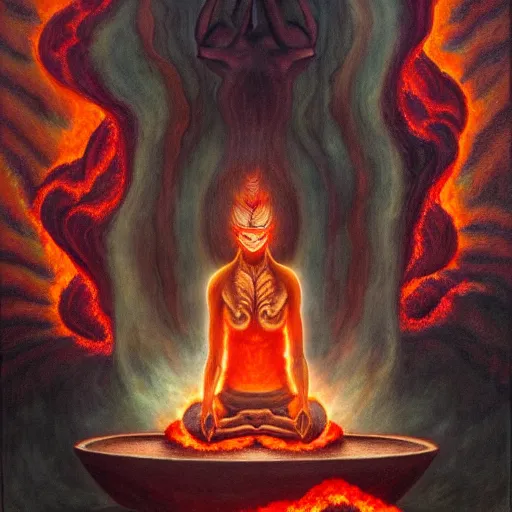 Prompt: a demon meditating near a zen garden with a lava waterfall in hell and opening a portal to heaven by amanda sage and anton semenov, oil on canvas 8k, dramatic lighting