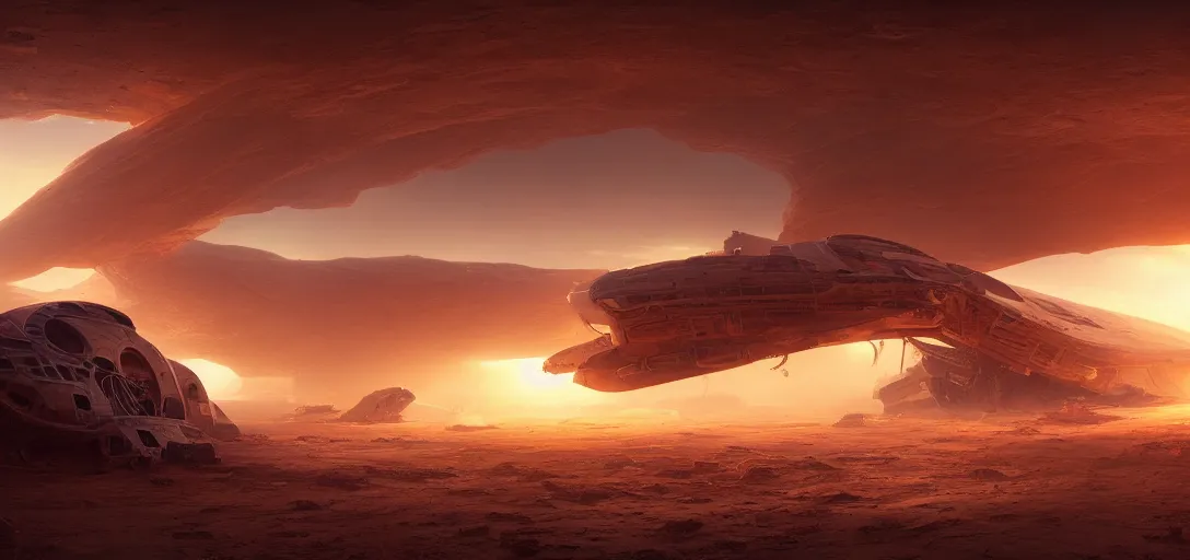 Image similar to view from the desert ground of a giant crashed wrecked spaceship, light rays, symmetry, cinematic lighting, ultra detailed, sharp, ambient occlusion, bloom, raytracing, by greg rutowski, finnian macmanus and jessica rossier