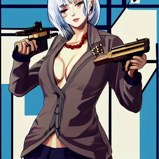 Image similar to anime woman with metallic gold and white hair wearing mafia clothing holding a gun, gta 5 cover