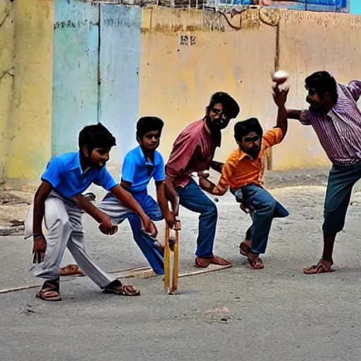 Prompt: four tamil friends playing a game of cricket, on an indian street, award winning picture, national geographic, photo realistic