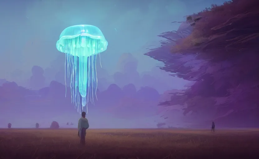 Prompt: floating luminescent jellyfish in an open landscape, Low level, rendered by Beeple, Makoto Shinkai, syd meade, simon stålenhag, environment concept, synthwave style, digital art, unreal engine, WLOP, trending on artstation, 4K UHD image, octane render,