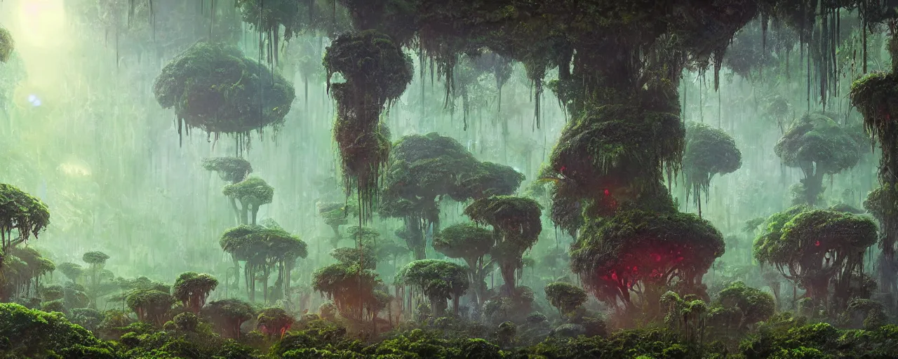 Image similar to ” outer planet with misty jungle covered in mycelium, [ moist, wet, lush, cinematic, detailed, epic, widescreen, opening, establishing, mattepainting, photorealistic, realistic textures, octane render, art by paul lehr ] ”