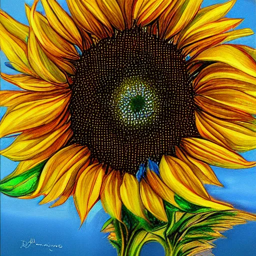 Prompt: Photorealistic painting of the most beautiful sunflower in the universe, Hyperdetailed, pretty colors, 108 megapixels, artstation concept art