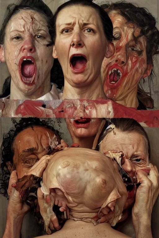 Prompt: portraits of a woman enraged, part by Jenny Saville, part by Lucian Freud, part by Norman Rockwell