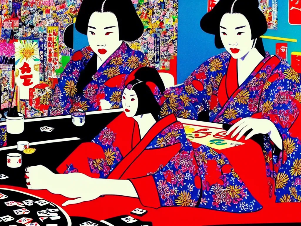 Image similar to hyperrealistic composition of the detailed woman in a japanese kimono sitting at a poker table with detailed darth vader, fireworks, mount fuji on the background, pop - art style, jacky tsai style, andy warhol style, acrylic on canvas