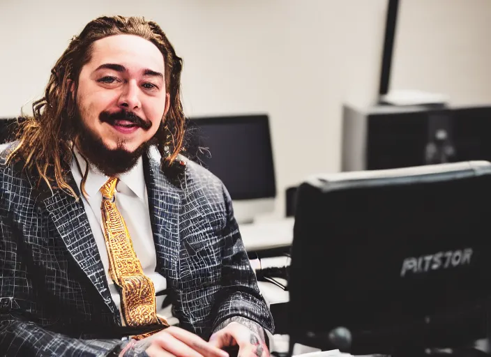 Image similar to dslr photo still of post malone as a stock broker, 8 k, 8 5 mm f 1 6