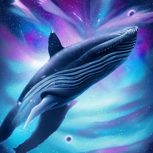 Prompt: portrait of whale swimming on a night sky, swimming across the universe, nebulae, galaxies, oniric, dreamy, beautiful, highly detailed, cinematic, trending on artstation