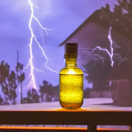 Prompt: a thunderstorm over a wooden cottage inside a terrarium bottle.