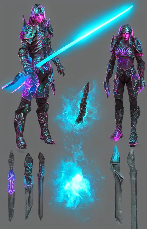 Prompt: fantasy neon warrior futuristic armor, great glowing sword, character art, 4k digital render, artstation