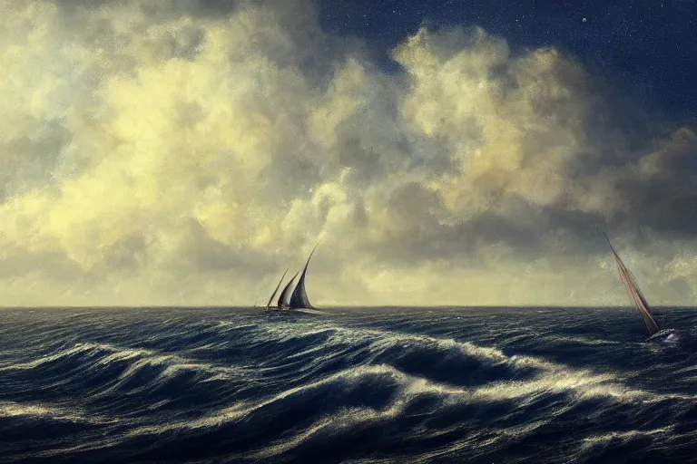 Image similar to a real photographic landscape painting with incomparable reality, super wide, ominous sky, sailing boat, wooden boat, lotus, huge waves, starry night, harry potter, volumetric lighting, clearing, realistic, james gurney, artstation