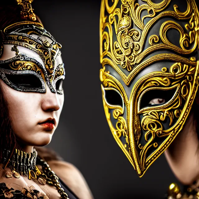 Prompt: female warrior with ornate venetian mask highly detailed, 4 k, hdr, close up, portrait, smooth, sharp focus, high resolution, award - winning photo