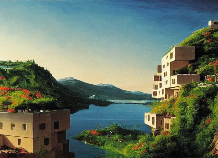 Prompt: painting of moshe safdie's habitat 6 7 in front of beautiful mountains by thomas cole