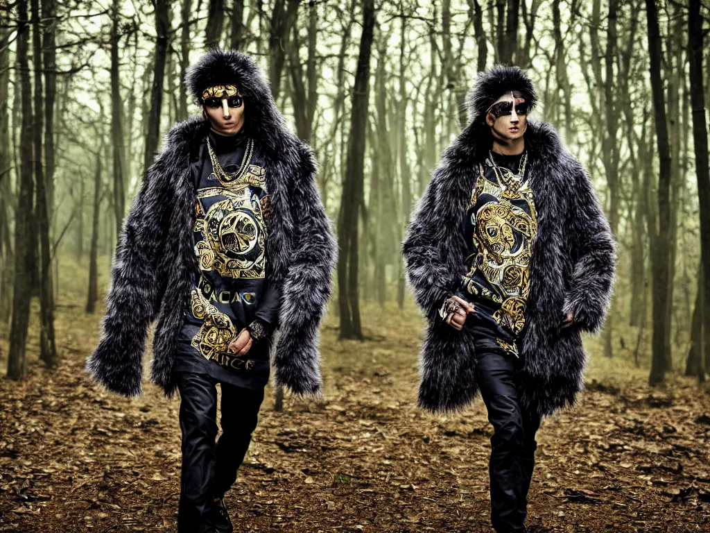 Image similar to versace avant garde oversized jacket arctic fur silver bear necklace textiles streetwear cyberpunk indigenous commanche descendant in the woods overcast late evening dramatic professional color 8 k hdr