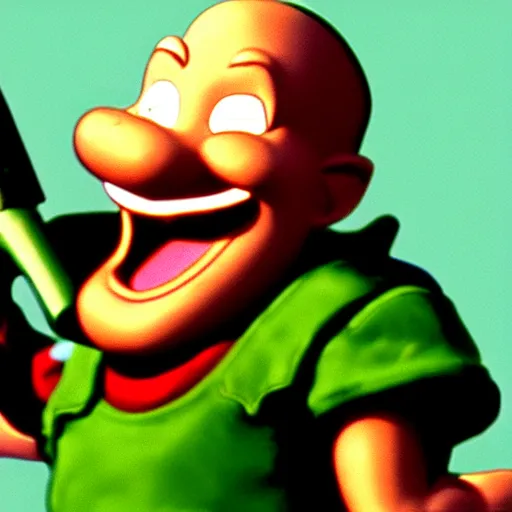 Image similar to Elmer Fudd from Loony Tunes in Doom, wearing green armor and helmet, killing demons, rip and tear, video game