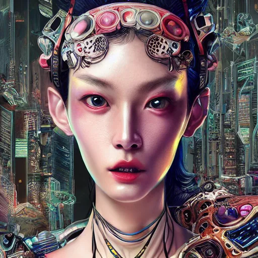 Image similar to the portrait of an absurdly beautiful, graceful, elegant, sophisticated, fashionable cyberpunk gravure idol, an ultrafine hyperdetailed illustration by kim jung gi, irakli nadar, hong june hyung, intricate linework, bright colors, porcelain skin, mixed metals, unreal engine 5 highly rendered, global illumination, radiant light, detailed and intricate environment