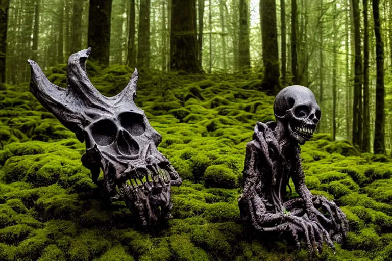 Image similar to high quality scary alienated monster skull statue sitting in the middle of a dark and creepy forrest, partly covered with moss, highly detailed, cinematic smooth, stephen shore & john j. park, soft morning light, wide shot, high angle, uhd 8 k, deep focus