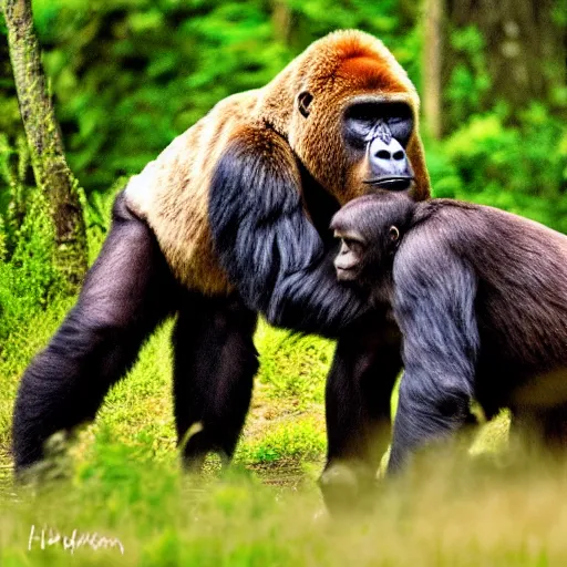 Prompt: gorilla putting a grizzly bear in a full nelson headlock, pencil art, sharp image, 4 k, textures, colorful, forest scenery