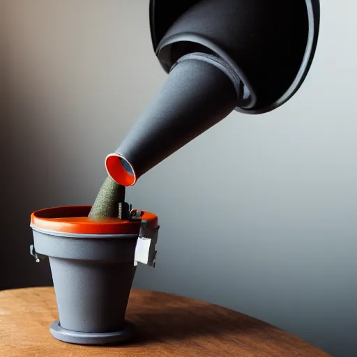 Prompt: dslr photo of a funnel in blender with lid closed, full bodied portrait, very high quality, intricate details, extremely high quality, moody lighting, real camera, real photo, 8 k, full subject in shot, commercially ready