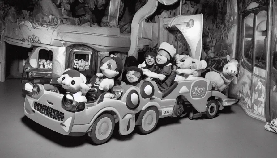 Prompt: 1990s photo of inside the Sppoky Beanie Babies ride at Universal Studios in Orlando, Florida, riding a Beanie Baby car through a haunted house, cinematic, UHD